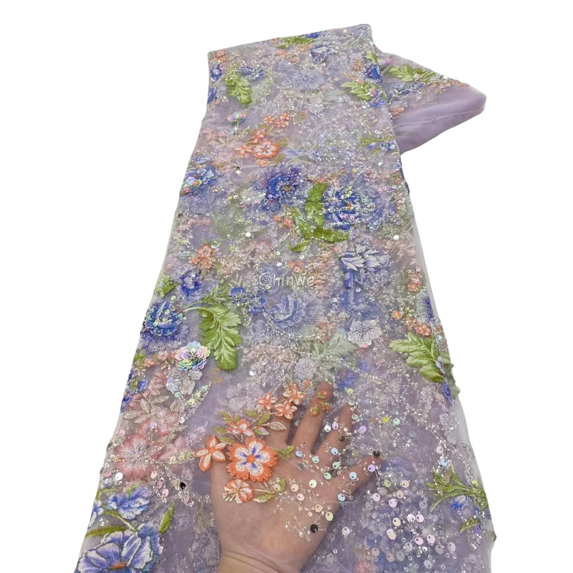 Multicolor Floral & Sequin Embroidered 3D Floral French Lace with Beaded Appliqué and Sequins on Soft Mesh Tulle Fabric