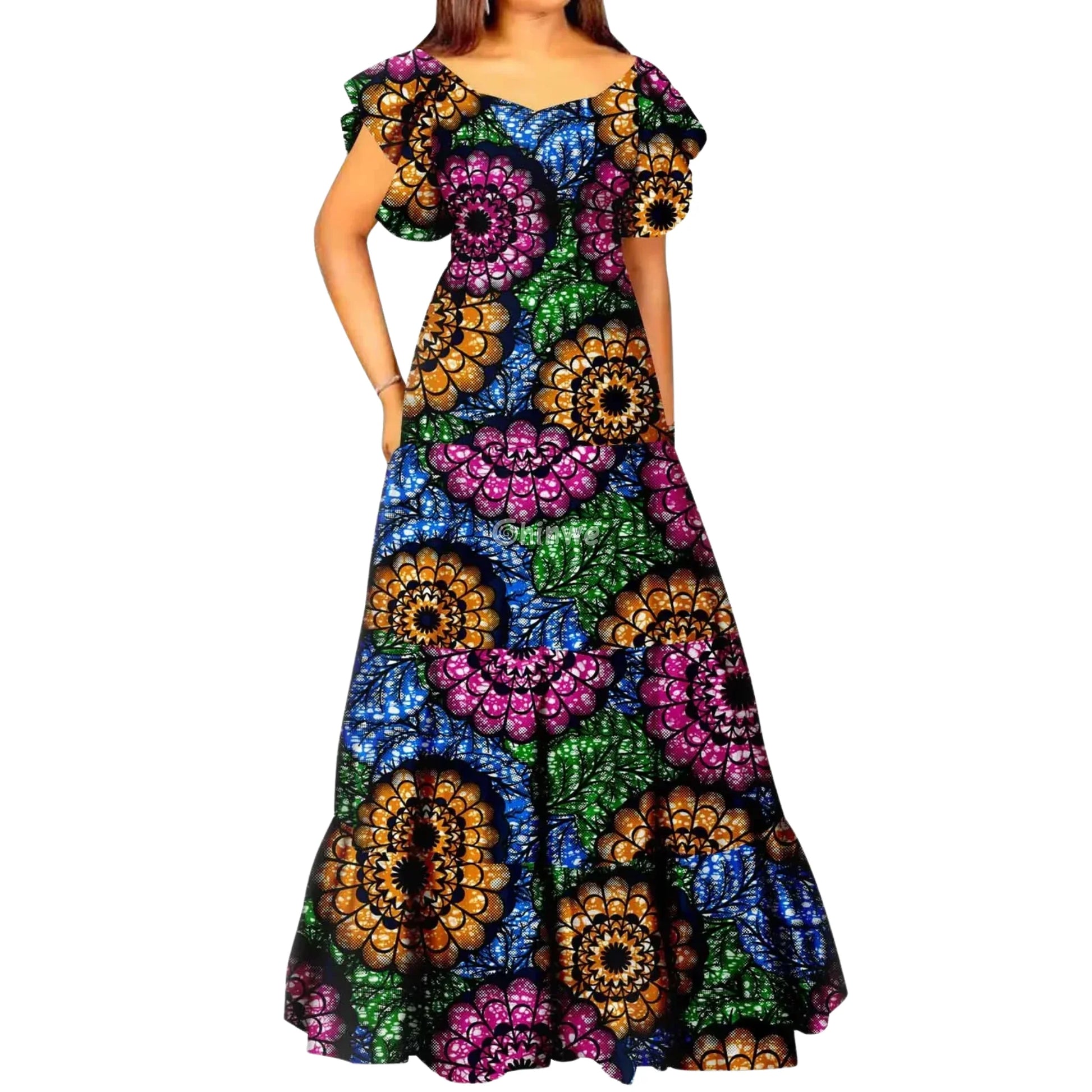 Palm Season High Waist Maxi Dress with Short Sleeves - Midnight Mosaic Petal Dress / Customized - Women’s Clothing