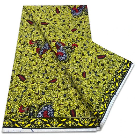 Hen & Leaf Repeat with Border Trim in Golden Mustard Black Vines and Red Accent Patchwork Motif Golden Mustard with Hen