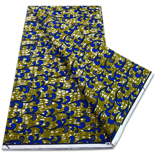Flowing flame-spray motif with royal blue bursts and dotted trails on olive green field Olive Green with Royal Blue