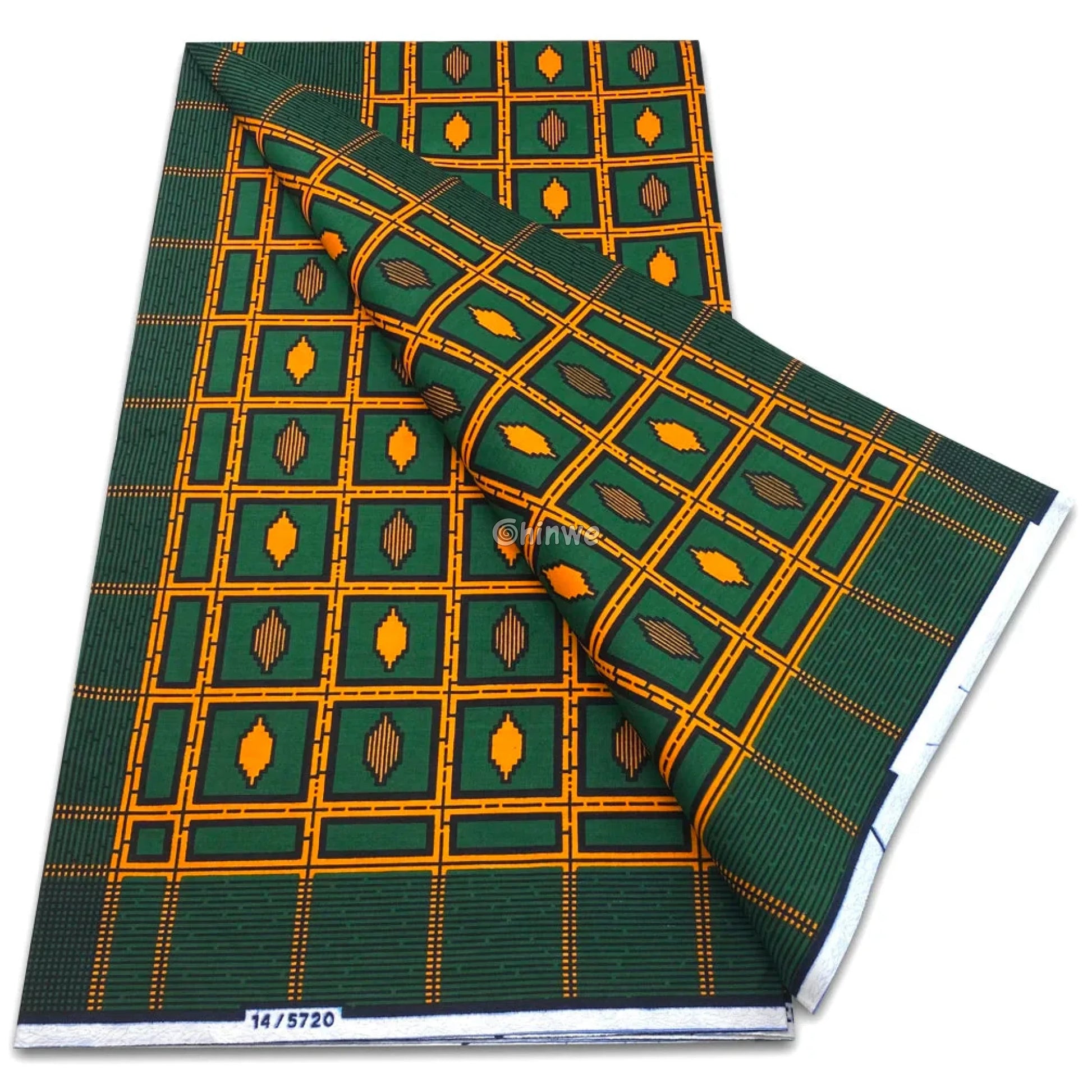 Forest Green and Amber Wax Print with Diamond Tile Grid and Linear Accents in Classic Geometric Layout Forest Green