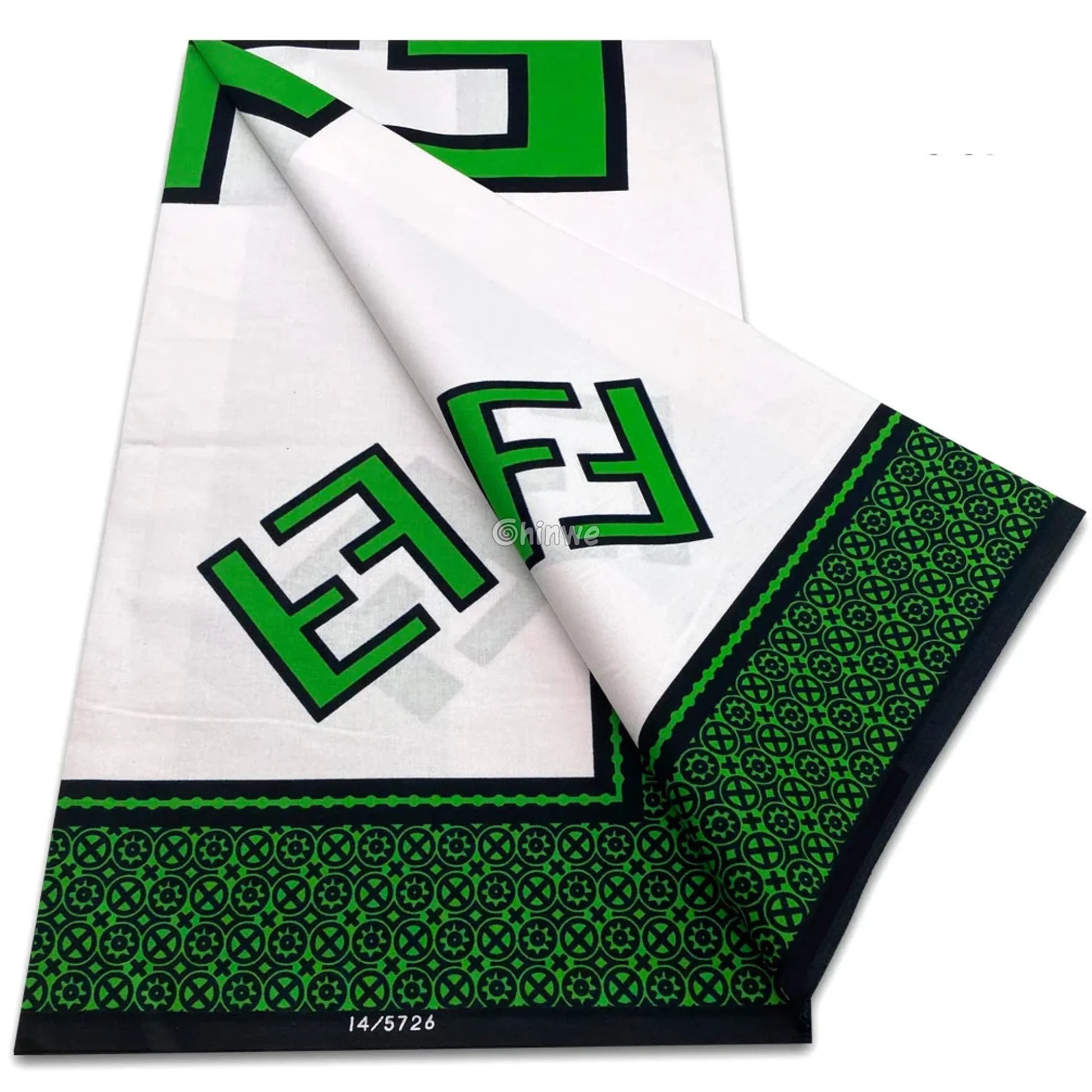 White Fabric with Bold Green F Motif and Black Circular Border Pattern White / Emerald Green / Black / 6 yards African