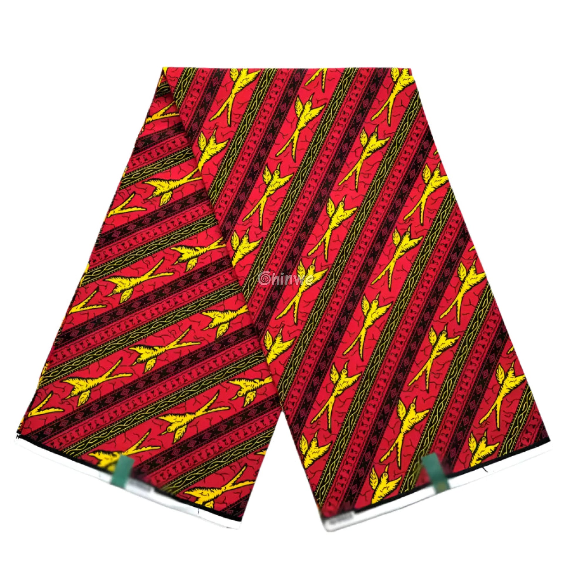 Fiery Wings Ankara Fabric – Bold Red and Yellow African Wax Print with Diagonal Bird Motif 6 yards cotton