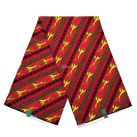 Fiery Wings Ankara Fabric – Bold Red and Yellow African Wax Print with Diagonal Bird Motif 6 yards cotton