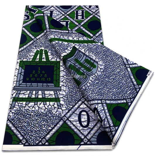 Navy and Emerald Green Chalkboard Wax Print with Letter Grid Numbers & Scroll Motifs Throughout Navy & Emerald