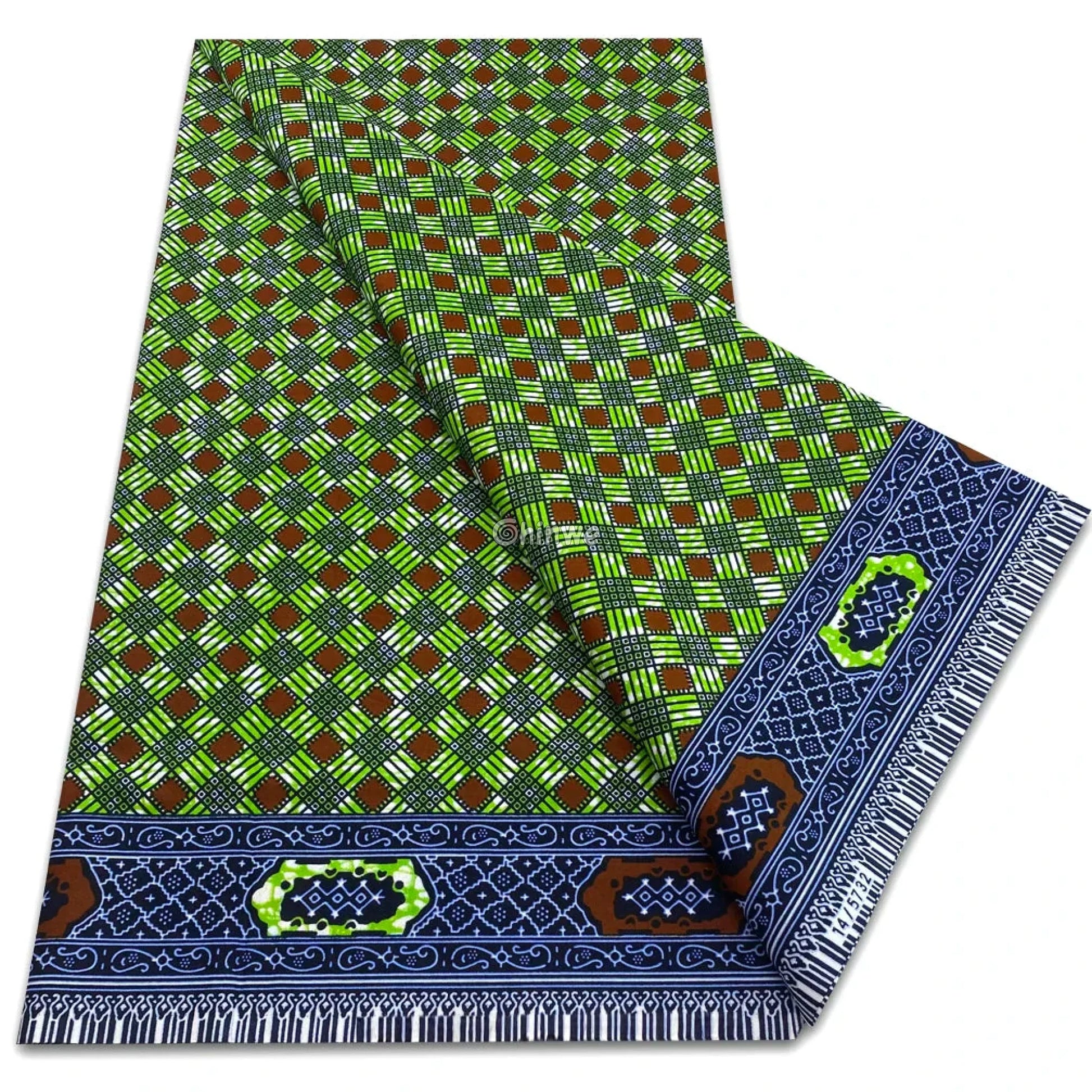 African Wax Print Fabric – Green Brown Plaid Pattern with Navy Ornamental Border Green & Brown Plaid Grid with Navy