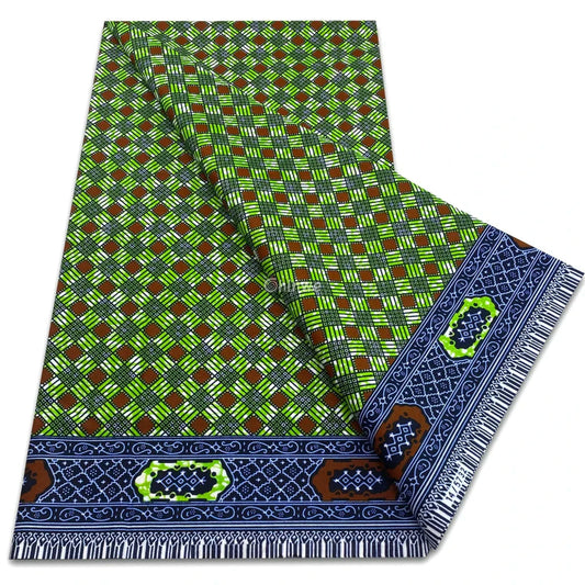 African Wax Print Fabric – Green Brown Plaid Pattern with Navy Ornamental Border Green & Brown Plaid Grid with Navy