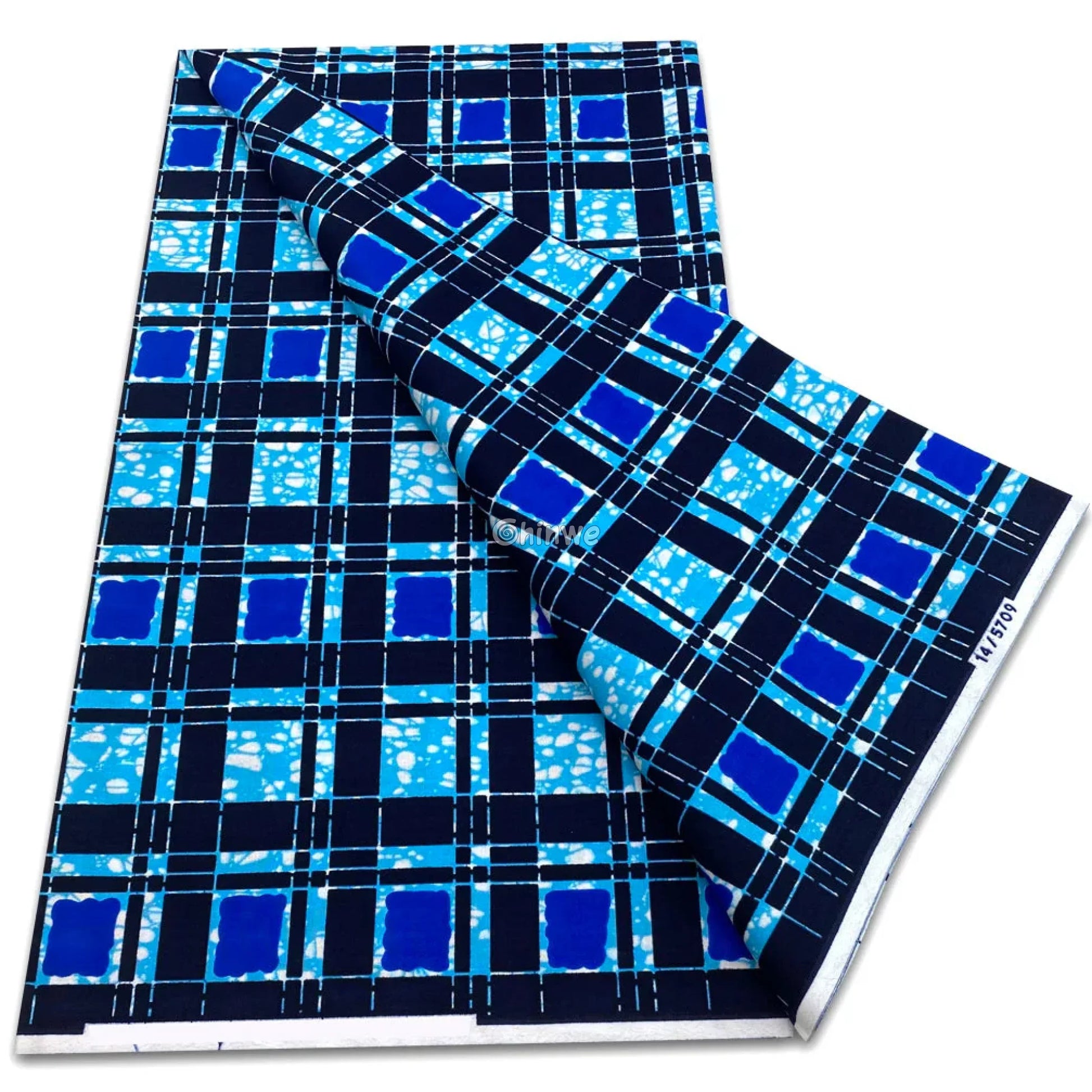 Cobalt Blue and Navy Boxed Windowpane Print with Thin White Pinstripes and Batik Texture Accents Cobalt Blue with