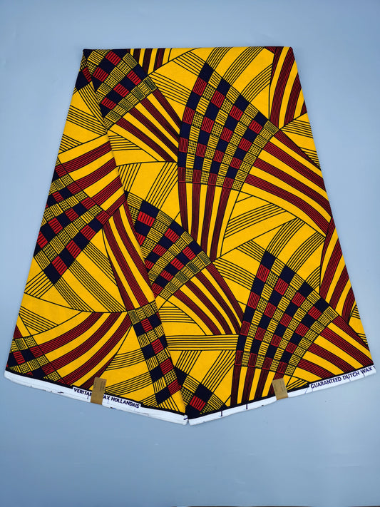 Yellow Woven Fan Ankara Real Wax Print – Red & Black Plaid Wedges, 100% Cotton, 6 Yards
