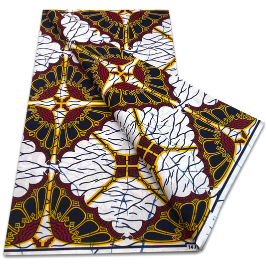 Maroon and Gold Butterfly-Style Medallions Framed in White with Navy Linework and Grid Cross Motif White / 6 yards