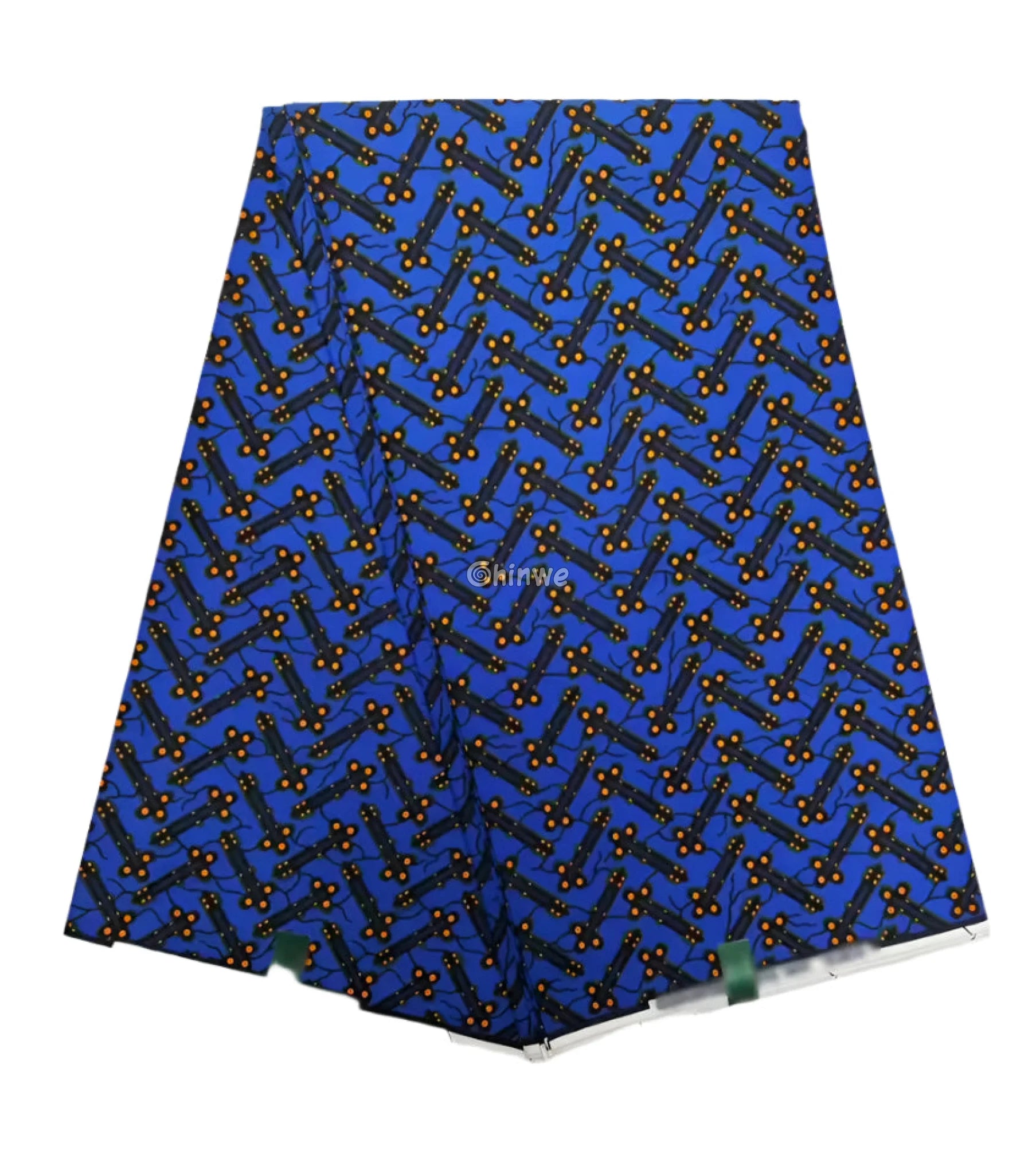 Cobalt Blue & Black Bar and Orange Dot Ankara Wax Print Fabric 6 yards cotton