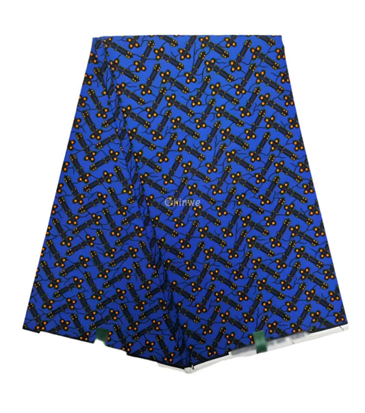 Cobalt Blue & Black Bar and Orange Dot Ankara Wax Print Fabric 6 yards cotton