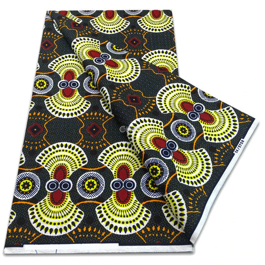 Radiant Yellow and Red Eye Burst Motif with Concentric Fans and Dotted Lines on Deep Black Ground Black with Yellow &