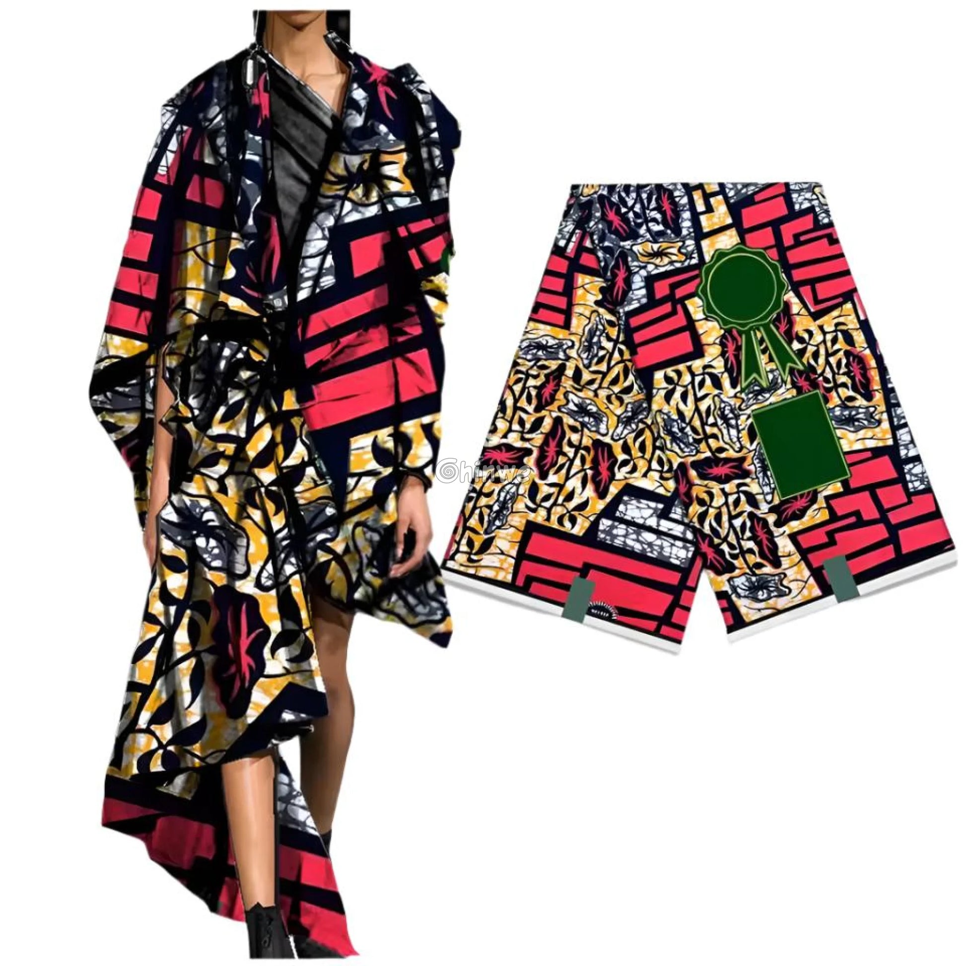 Abstract Red and Yellow Ankara Fabric with Geometric and Floral Patterns