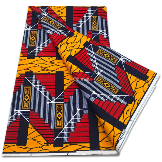Bold Red and Mustard Geometric Staircase Pattern with Navy Accents Red / Mustard Yellow / Navy Blue / 6 yards African