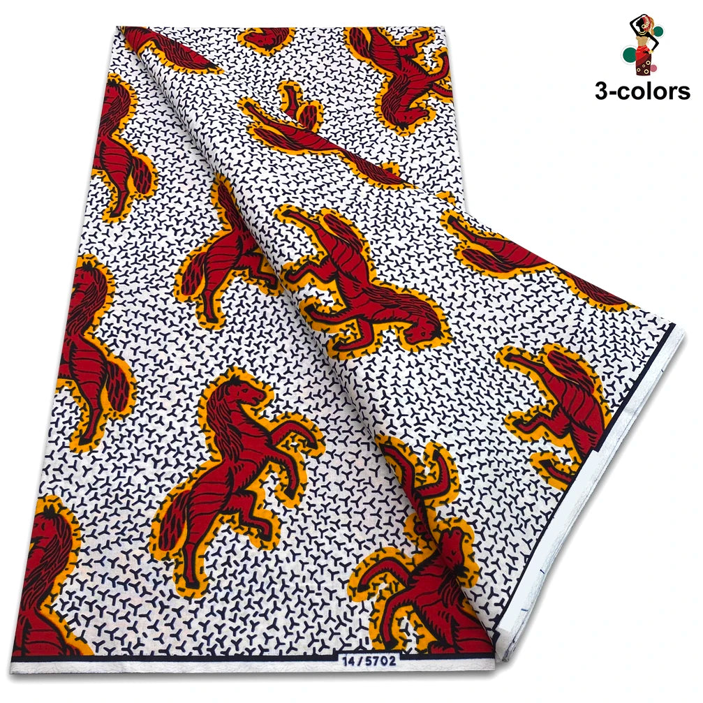 White Ankara Wax Print Fabric – Red & Gold Lion Motif, 6 Yards