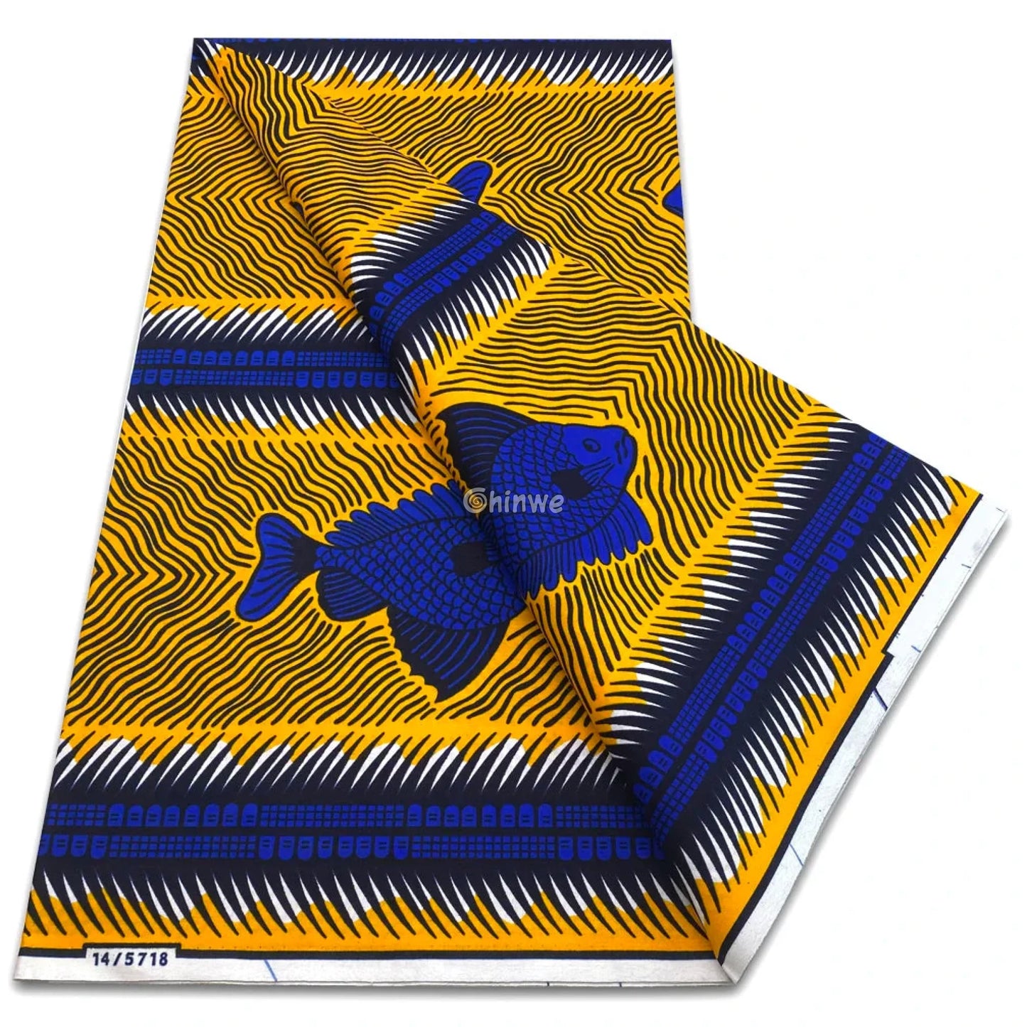 Yellow and Royal Blue Wax Print with Bold Fish Motif and Ripple Stripe Background in High Contrast Yellow / Royal Blue