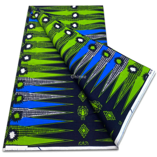 Cobalt blue and lime green wax print with starburst spikes and dotted checkered spears Cobalt Green Burst / 6 yards