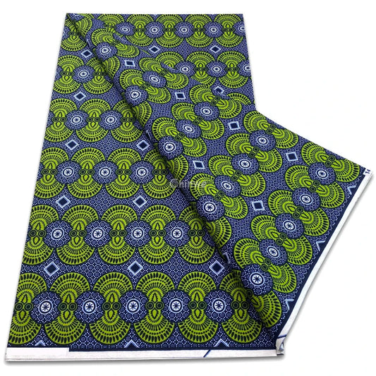 Navy Blue and Lime Green Rosette Wax Print with White Diamond Accents and Microdot Texture Detailing Navy Blue Base