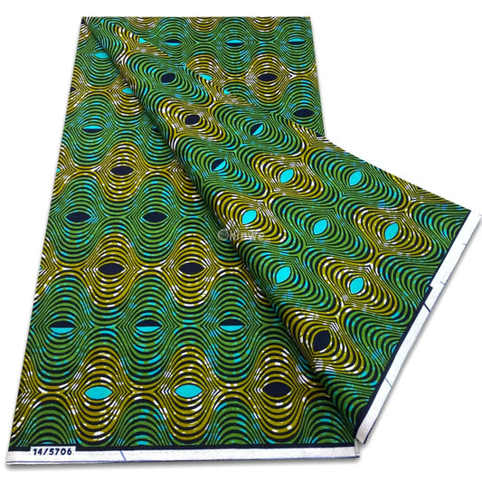 Rippled Wave Motif in Teal Mustard & Black with Aqua Oval Highlights and Flowing Optical Pattern Rippled Wave Motif in