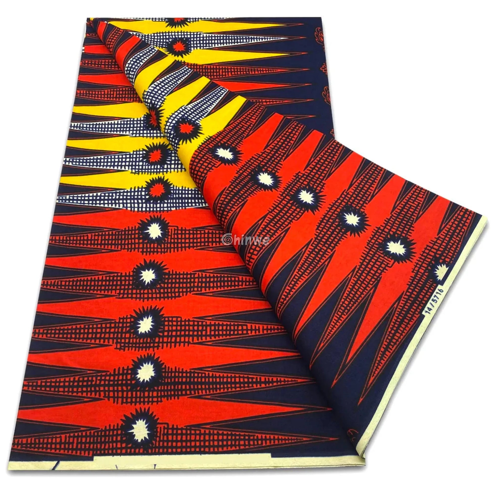 Bold Red and Navy Wax Print with Starburst Stripe Motif and Gridded Texture Accents Throughout Red / Navy / Yellow