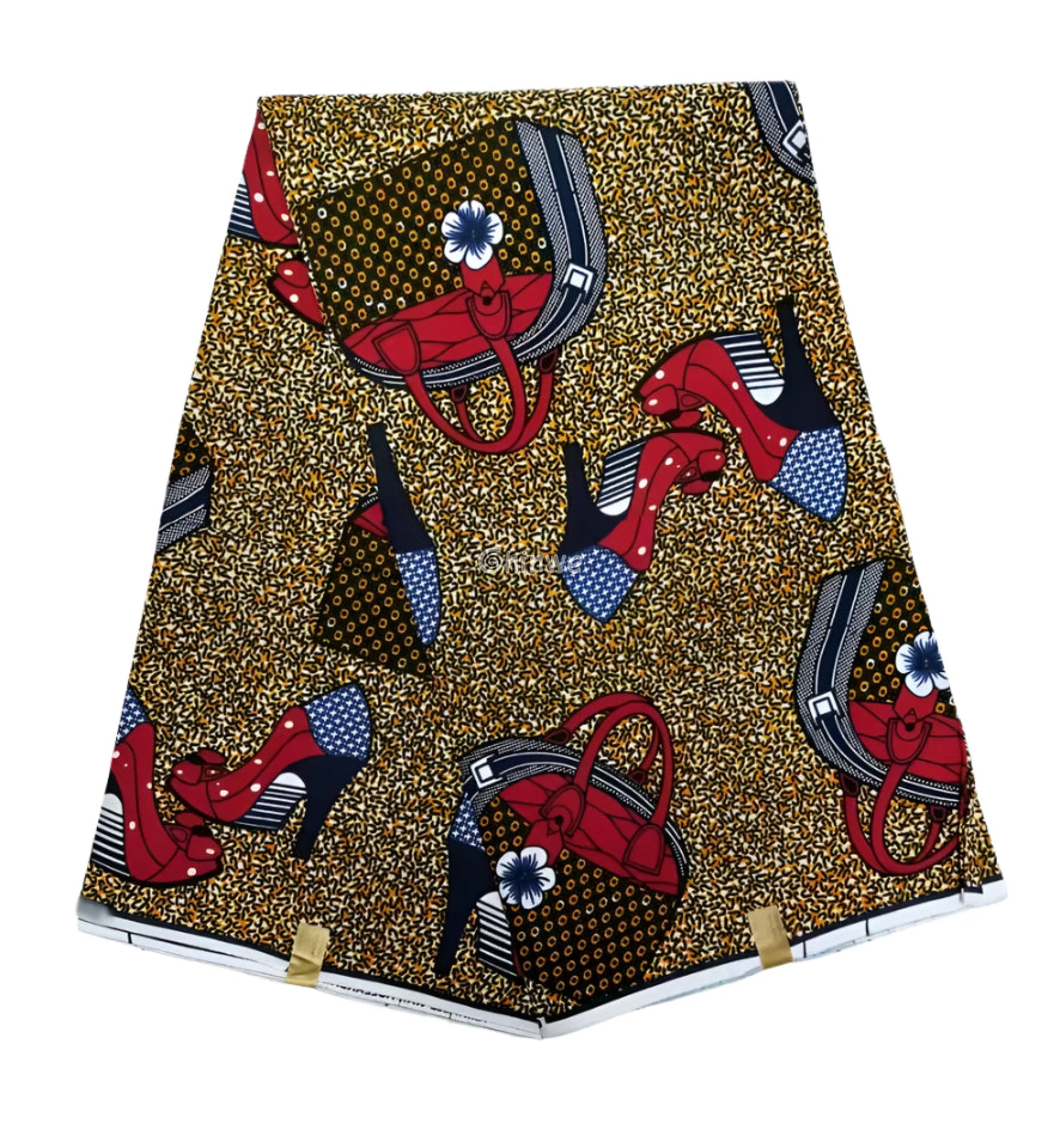 Mustard Yellow & Red Ankara Wax Print Fabric with Handbag and High-Heel Motif 6 yards cotton