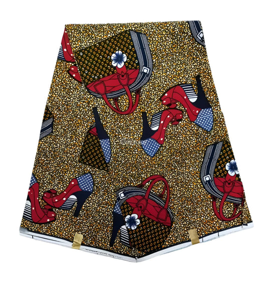 Mustard Yellow & Red Ankara Wax Print Fabric with Handbag and High-Heel Motif 6 yards cotton
