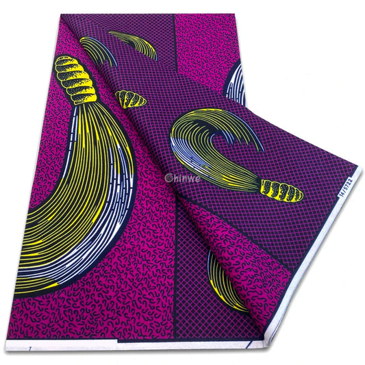 Magenta and Plum Abstract with Curved Yellow Brushstroke Motif and Fine Grid Wax Print Design Magenta & Plum Base with
