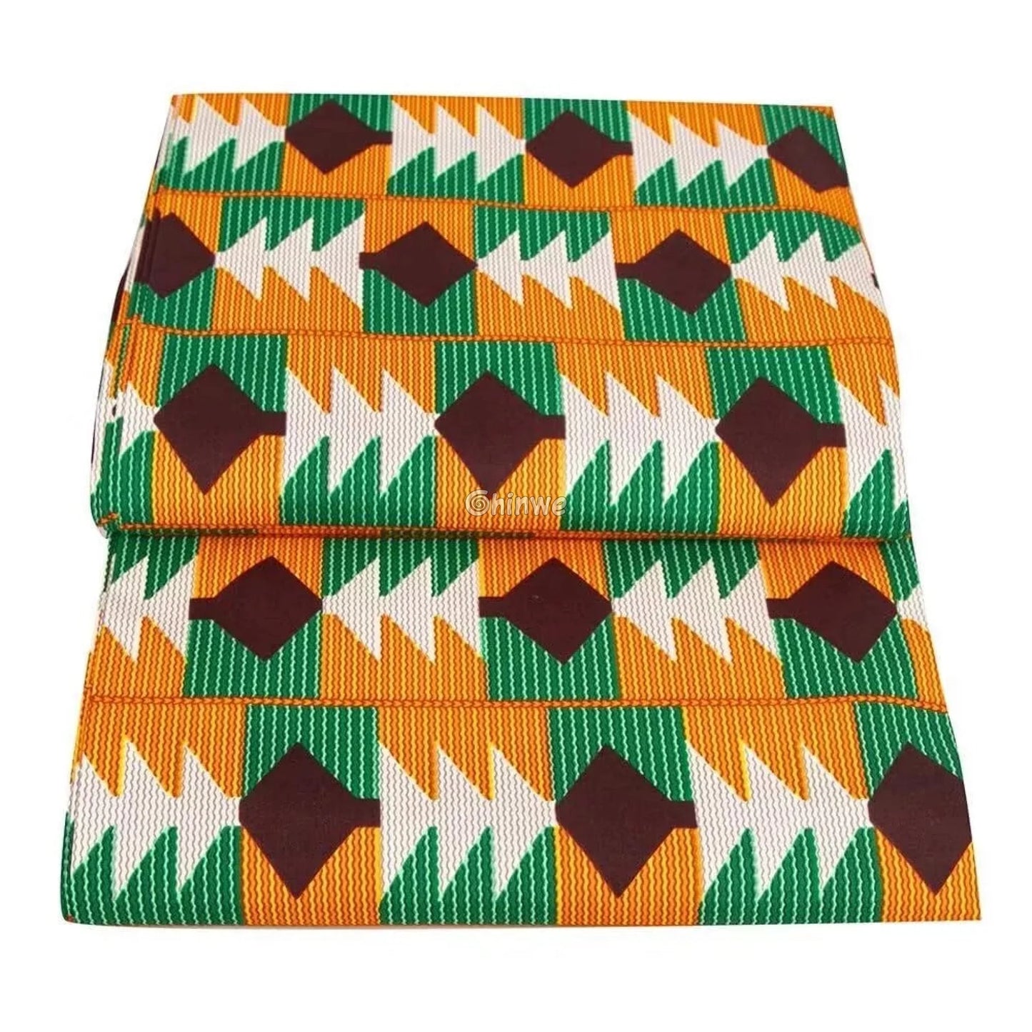Geometric Ankara Wax Print Fabric with Green, Orange, and Brown Patterns
