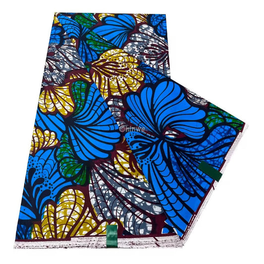 Blue Ankara Fabric with Yellow and Maroon Leaf Print