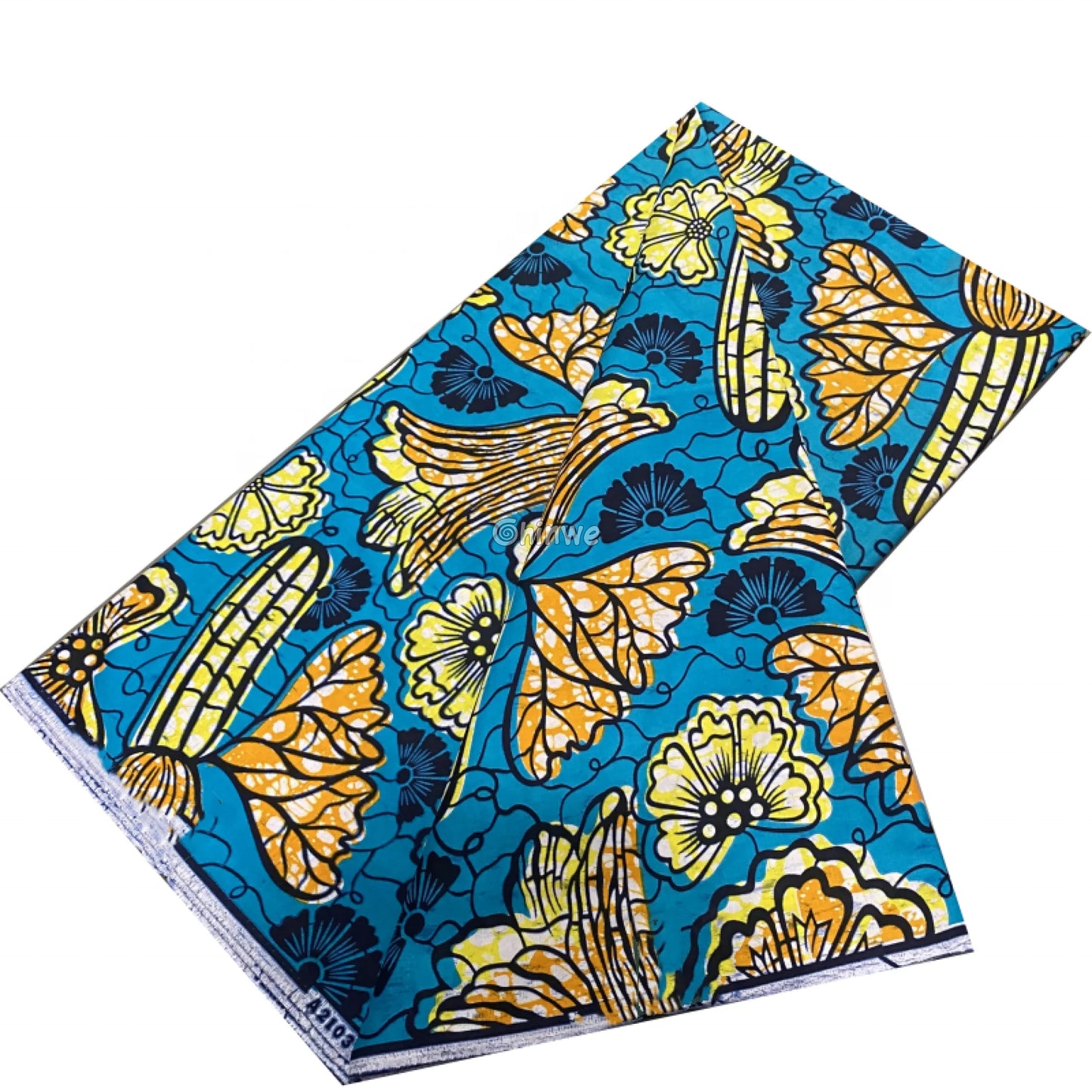 Blue Ankara Wax Fabric with Yellow Floral and Corn Motif
