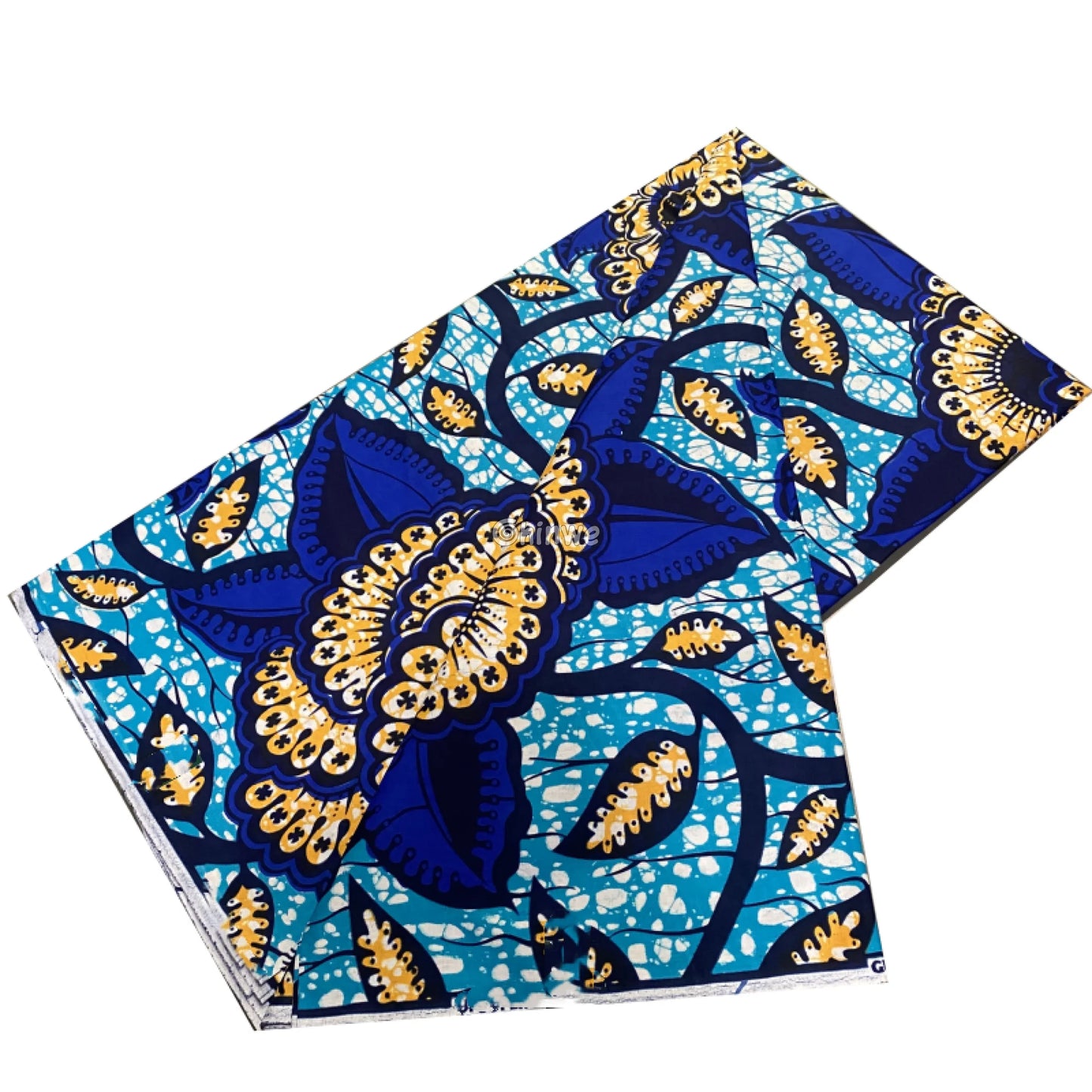 Blue Ankara Wax Fabric with Yellow Floral and Corn Motifs