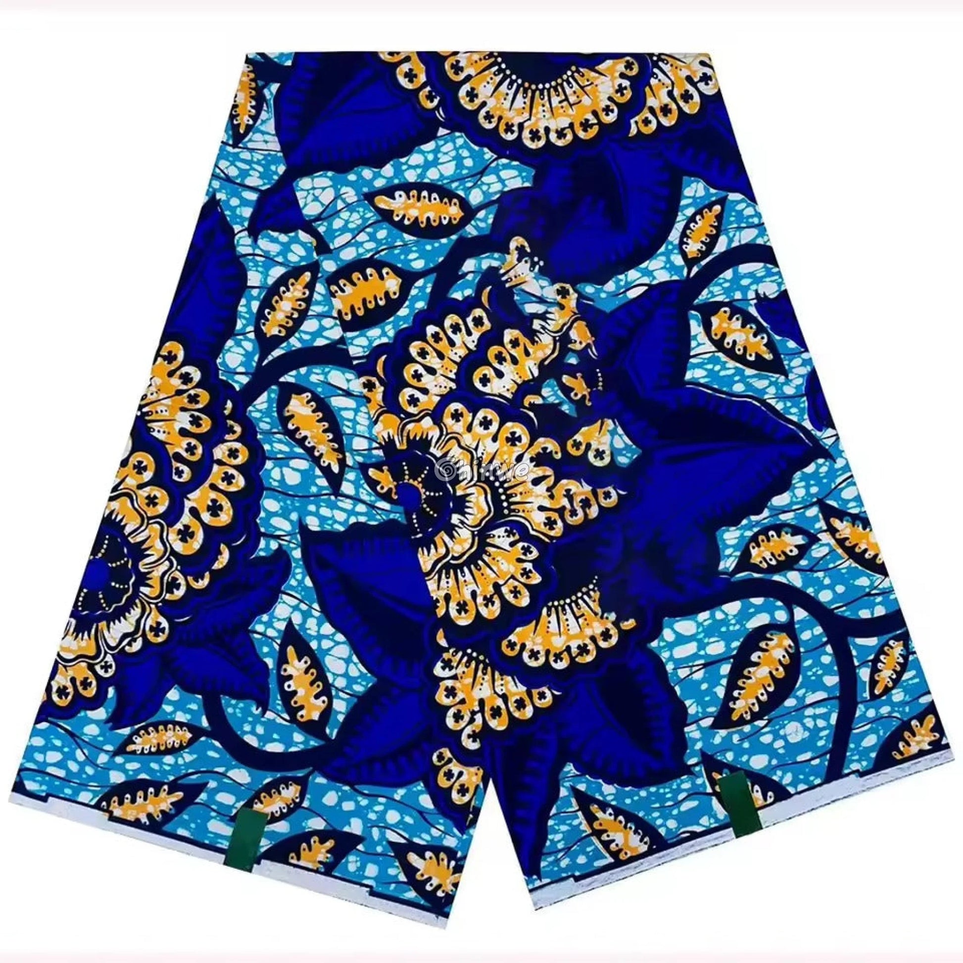 Blue Ankara Wax Fabric with Yellow Floral and Corn Motif