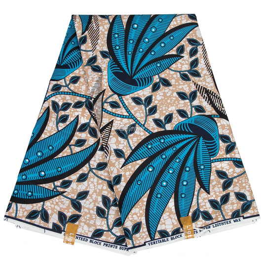 Blue Leaf African Wax Print Fabric  Vibrant Leaves  Unique Textile  Sewing Fabric  Quilting Material