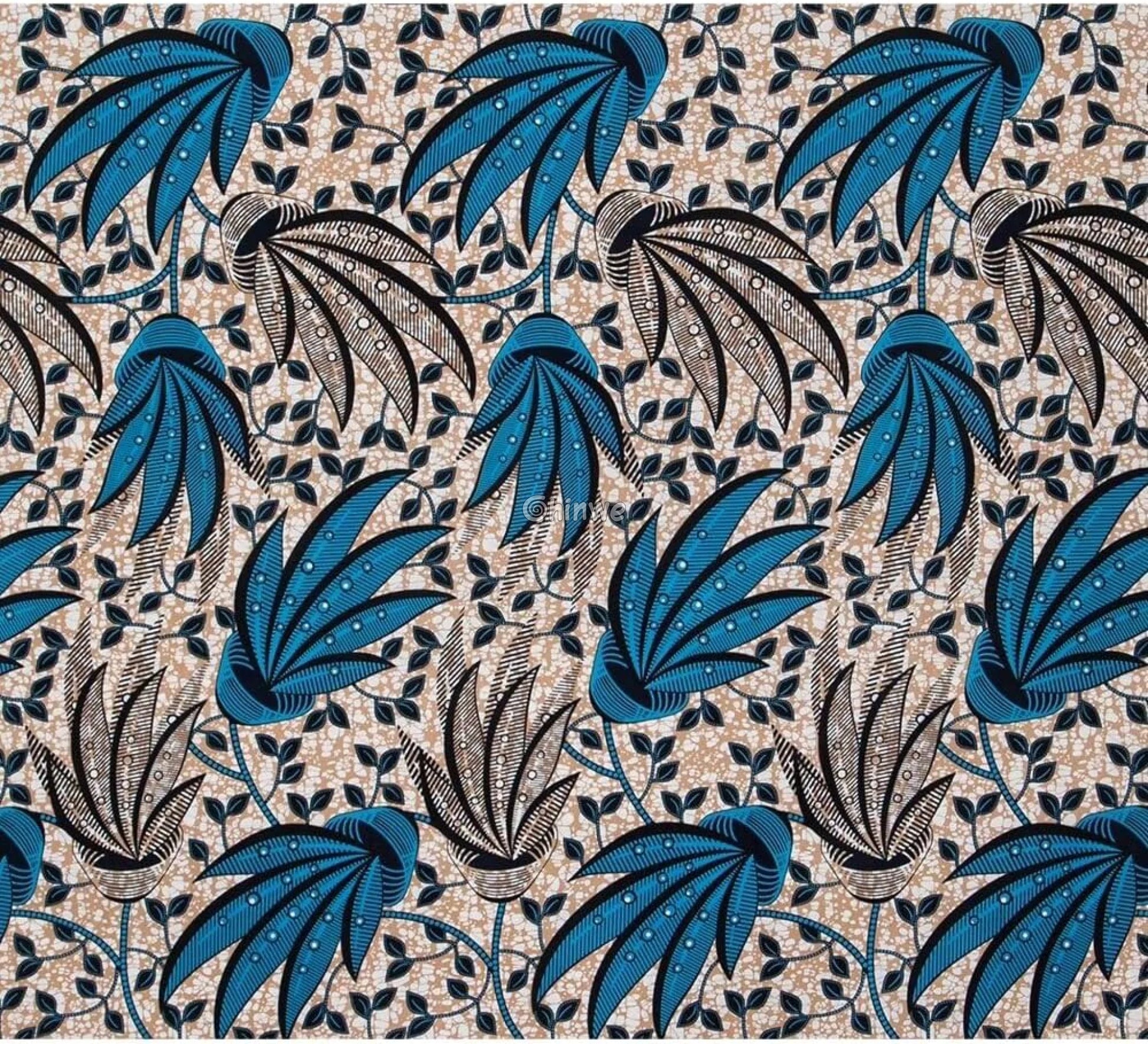 Blue Leaf African Wax Print Fabric  Vibrant Leaves  Unique Textile  Sewing Fabric  Quilting Material