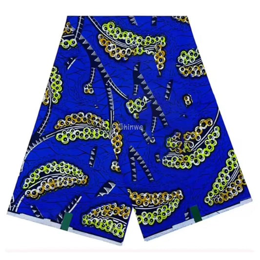 Blue Wax Print, African Fabric, Ankara Textile, Yellow and Black Design, Geometric Patterns, Cotton Wax, Bold Print Fabric, Vibrant African Prints, DIY Sewing Material, Crafting Fabric, Quilting Textile, Home Décor Fabric, Unique Design, Premium Ankara Fabric.