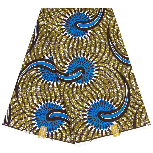 Blue and Brown Ankara Wax Print Fabric with Swirl Pattern