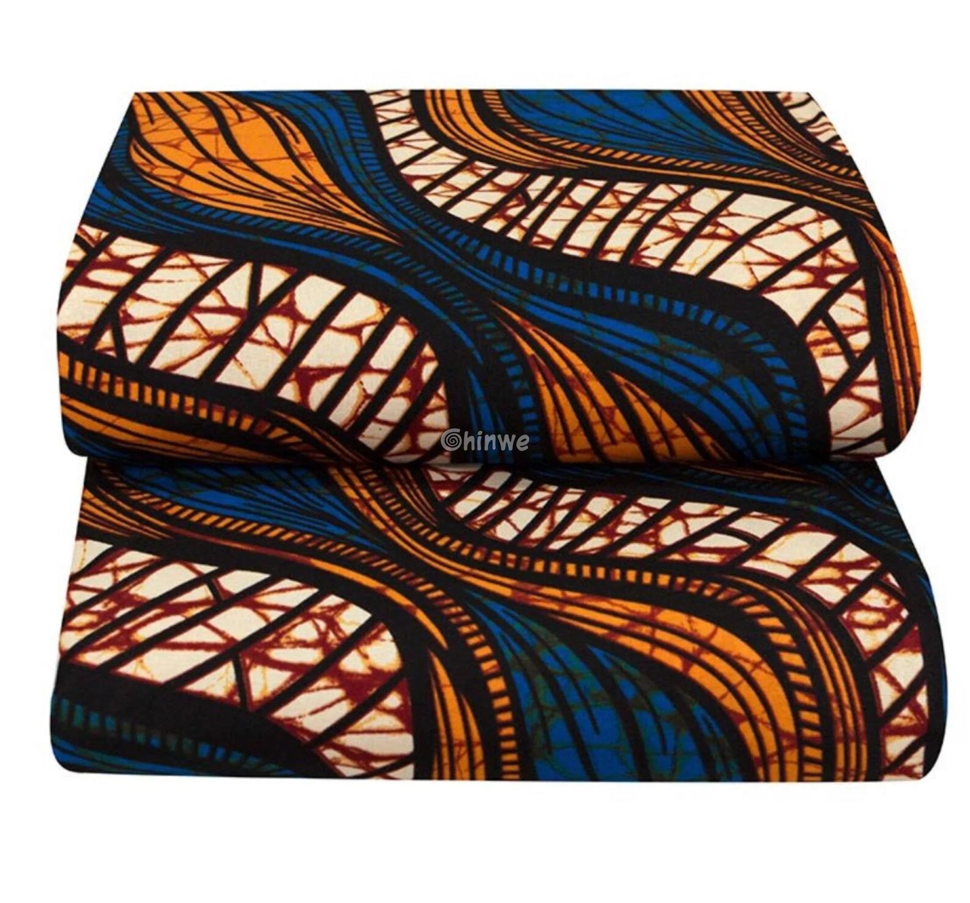 Blue and Orange Ankara Wax Print Fabric with Abstract Flowing Lines1