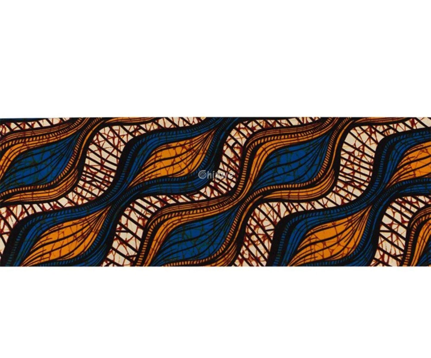 Blue and Orange Ankara Wax Print Fabric with Abstract Flowing Lines