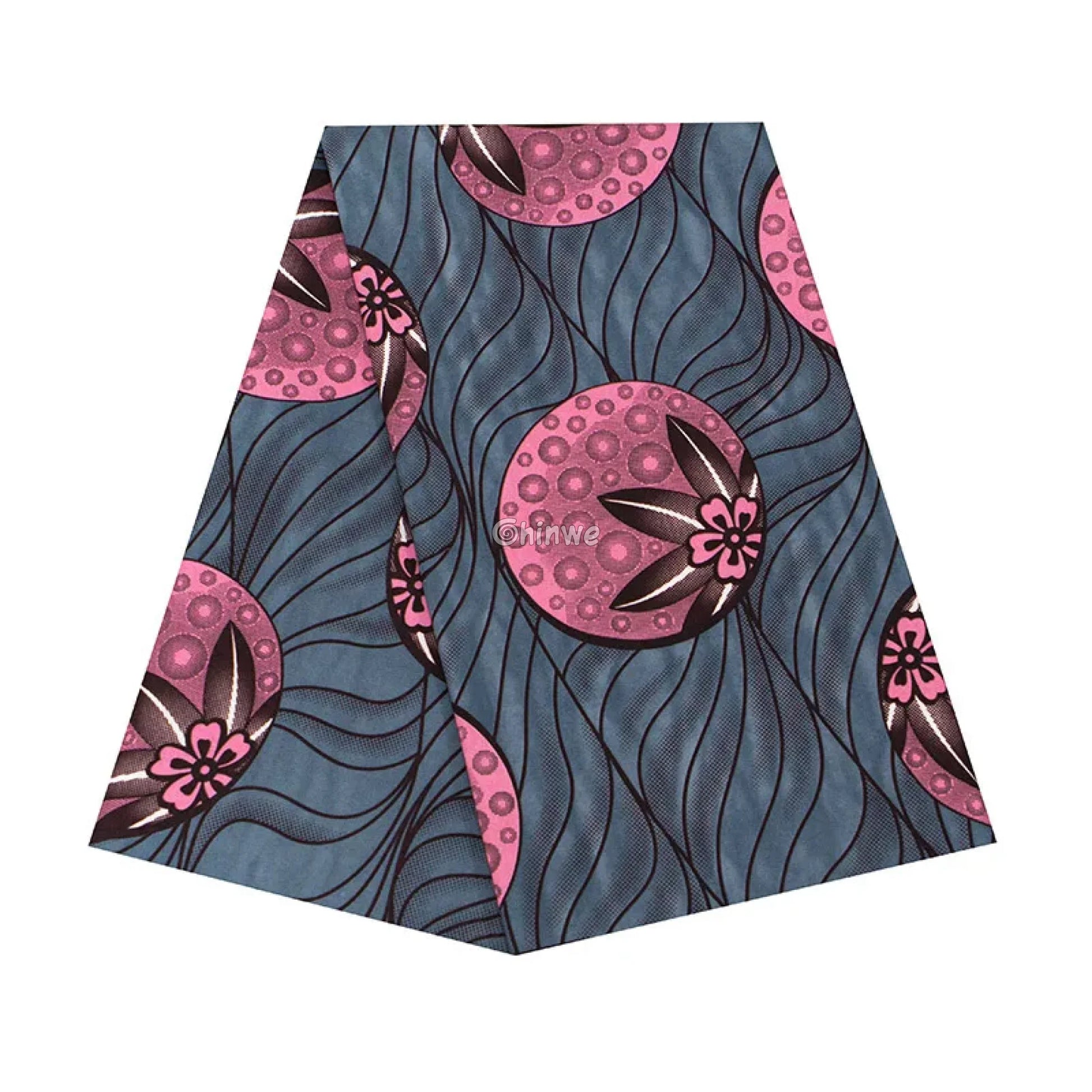 Blue and Pink Floral Ankara Wax Print Fabric with Wave Pattern