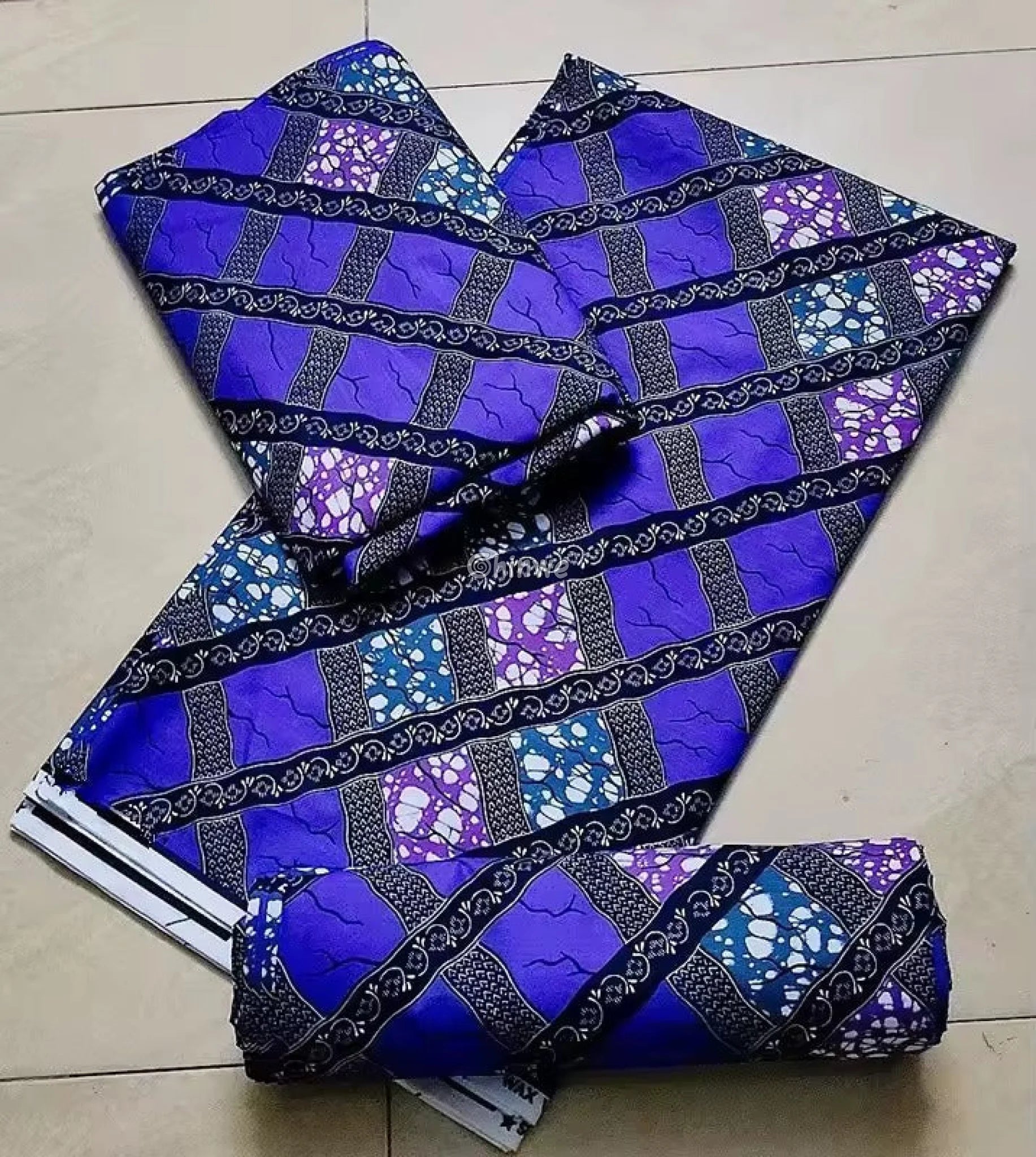 Blue and Purple Striped Ankara Wax Print Fabric with Diagonal Pattern