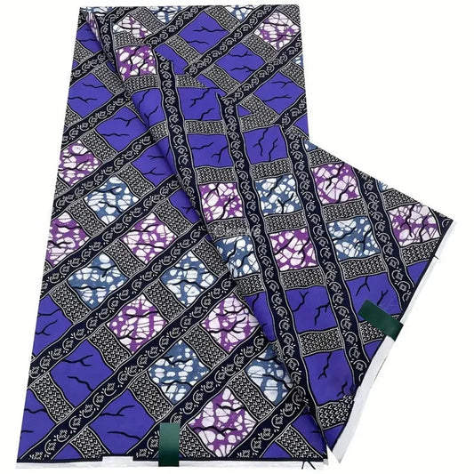 Blue and Purple Striped Ankara Wax Print Fabric with Diagonal Pattern