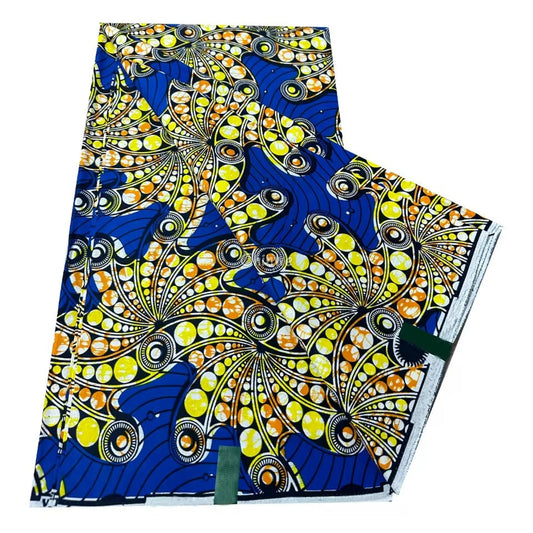 Blue and Yellow Ankara Fabric with Swirling Patterns