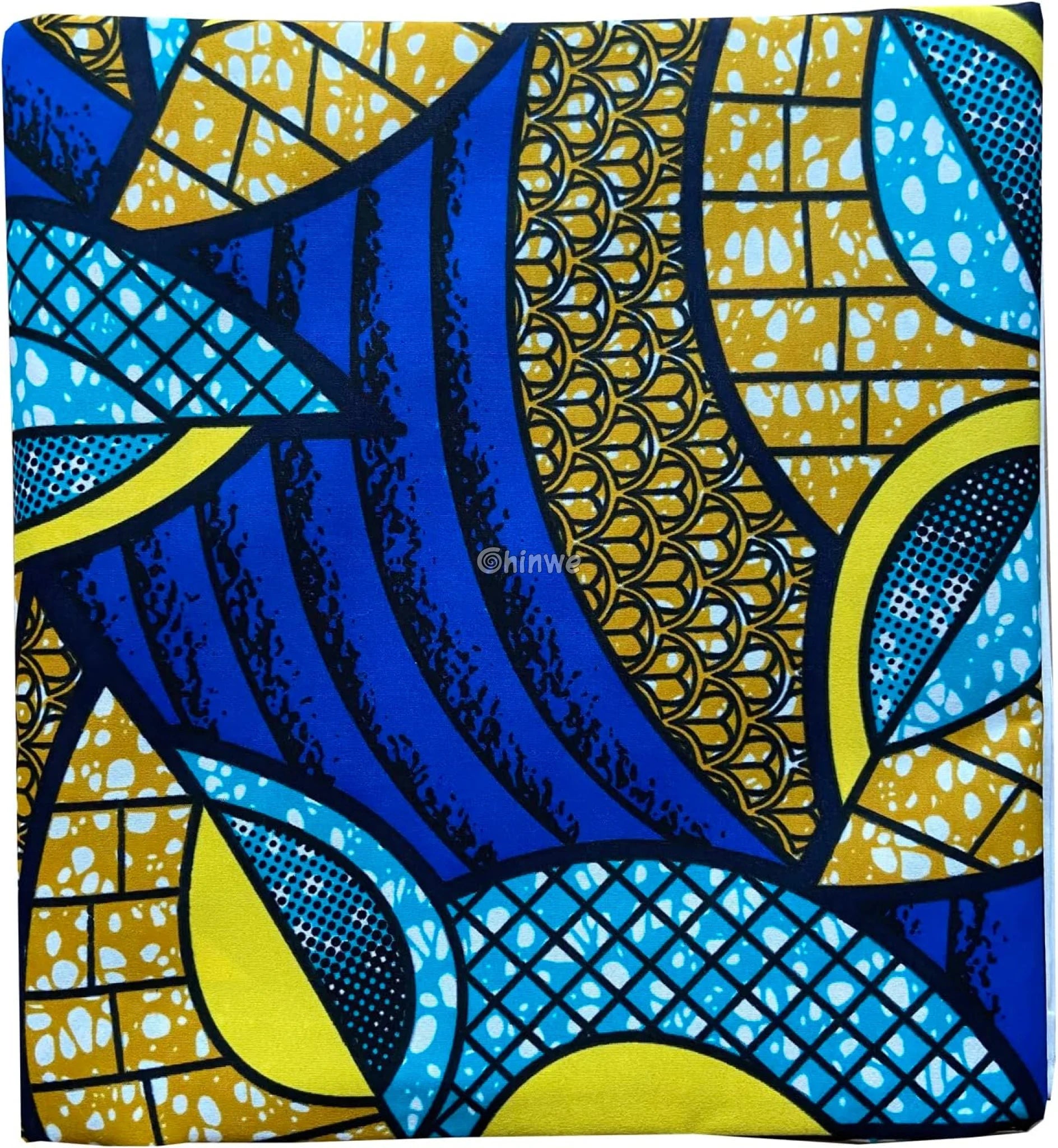 Blue and Yellow Ankara Wax Print Fabric with Geometric Floral Design