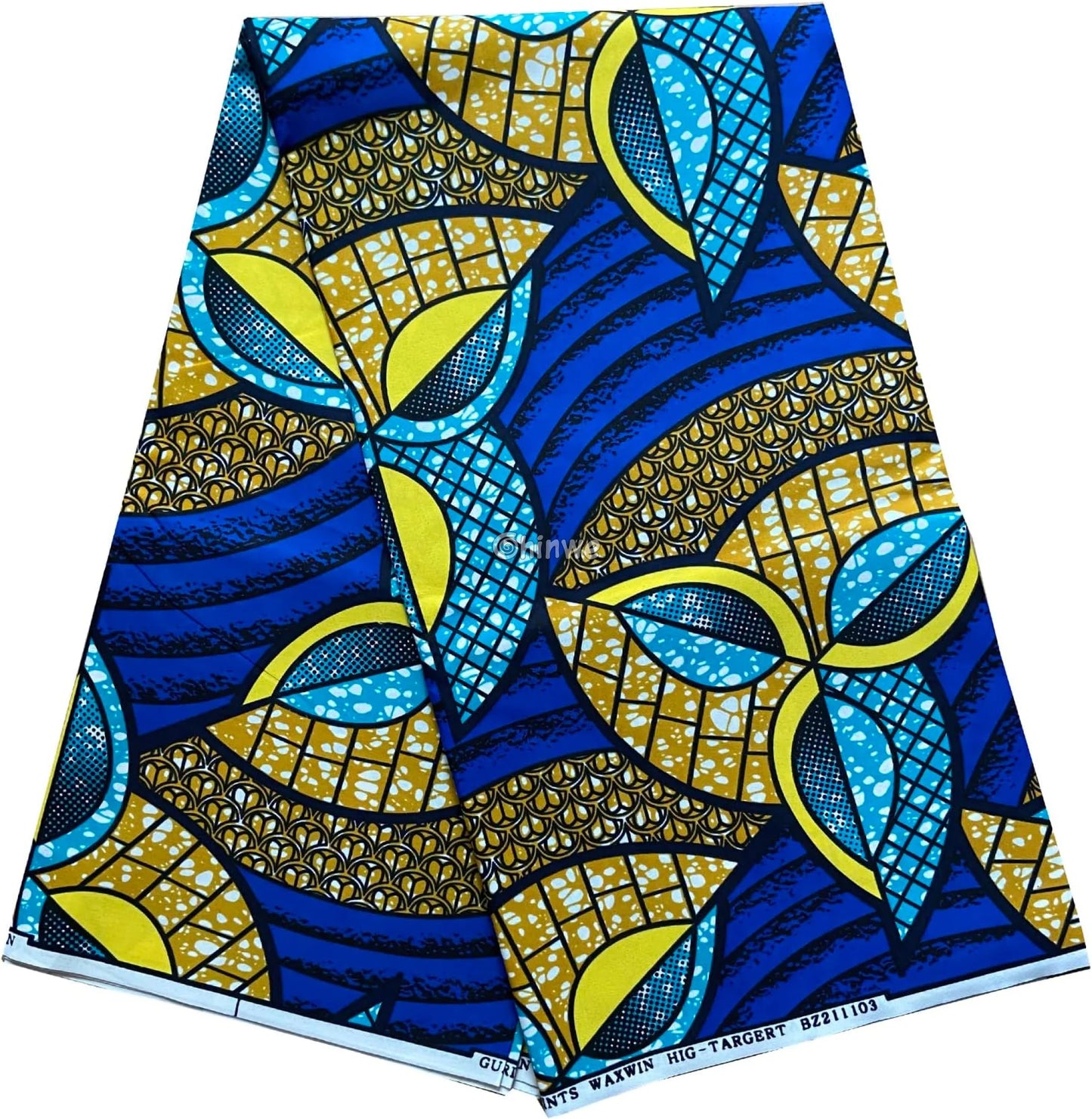 Blue and Yellow Ankara Wax Print Fabric with Geometric Floral Design