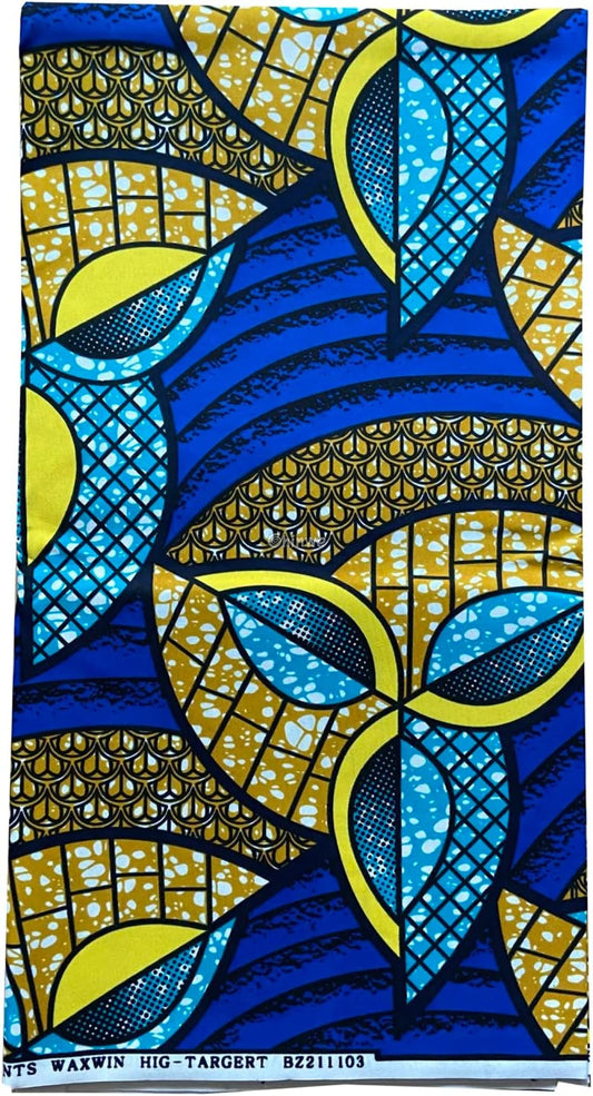 Blue and Yellow Ankara Wax Print Fabric with Geometric Floral Design