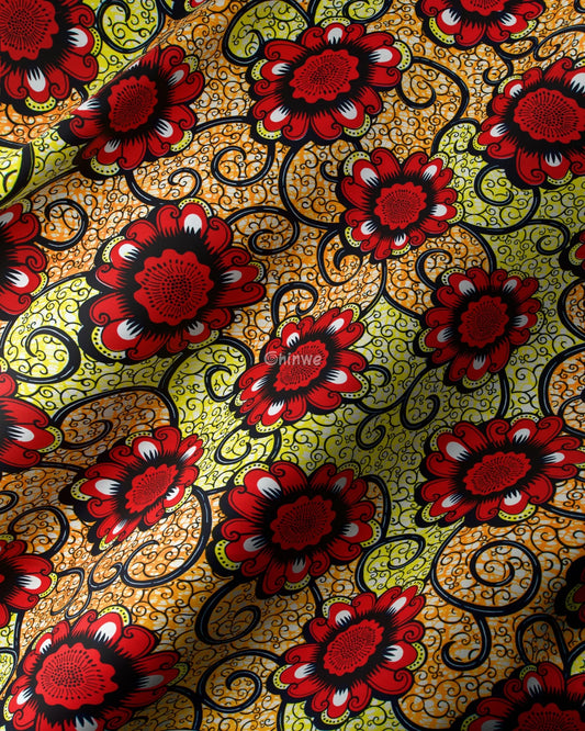 Bold Red Floral Ankara Fabric with Yellow Swirl Background