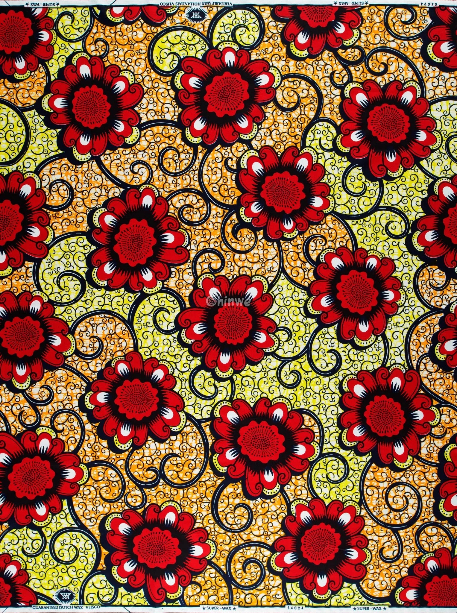 Bold Red Floral Ankara Fabric with Yellow Swirl Background
