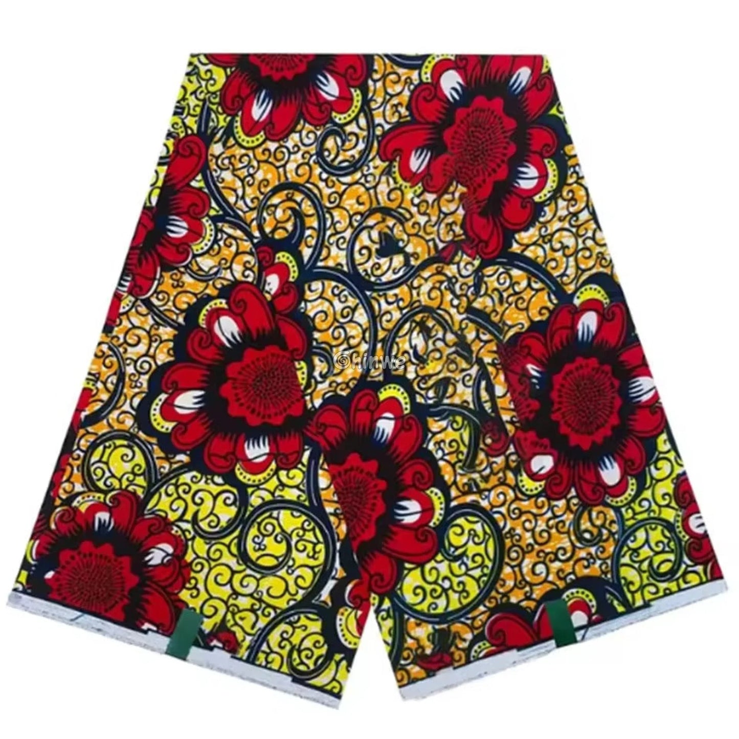 Bold Red Floral Ankara Fabric with Yellow Swirl Background