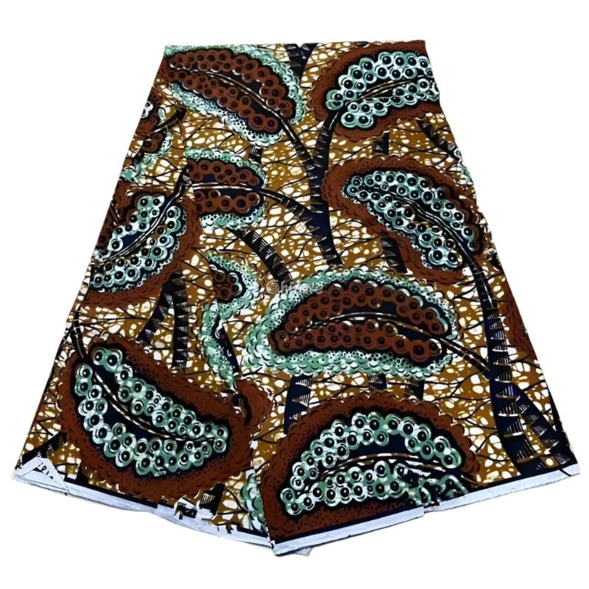 Brown and Green Ankara Fabric with Geometric Paisley Design